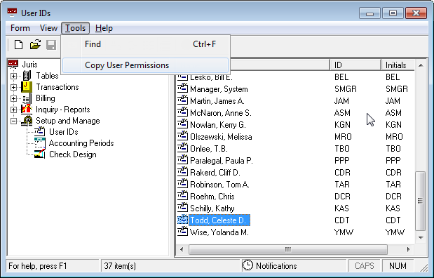 Tools, Copy User Permissions option