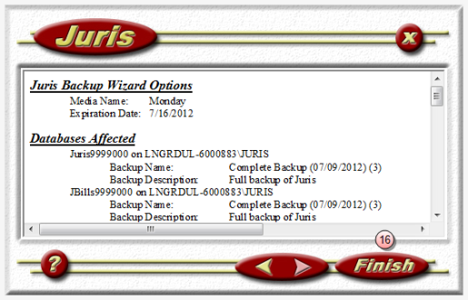 Juris management console - backup confirmation 2