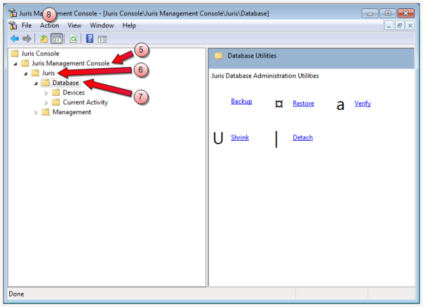 Juris management console, database utilities