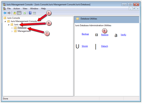 Juris management console - restore option