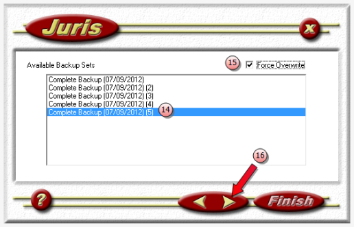 Juris management console - available backup sets