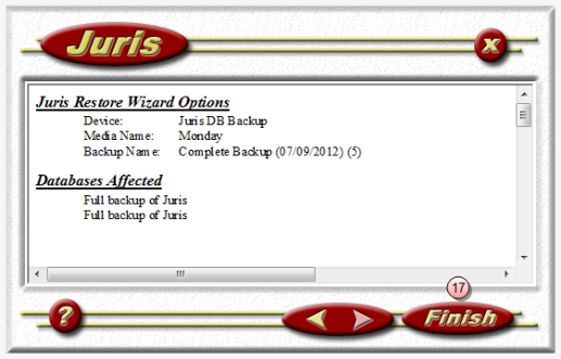 Juris management console, restore - backup confirmation list