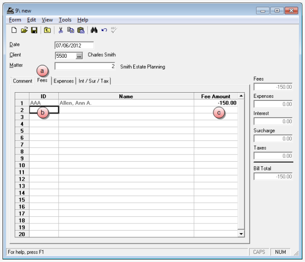 Manual Bill, Fees tab