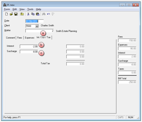 Manual bill, int-sur-tax tab