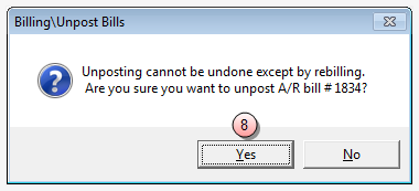Unpost bill confirmation - click yes
