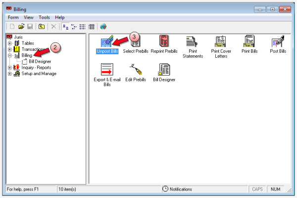 Unpost bill selected in main window