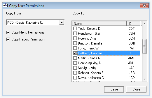 Copy User Permissions window