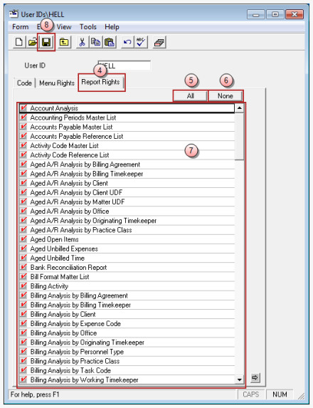 User IDs Report Rights tab