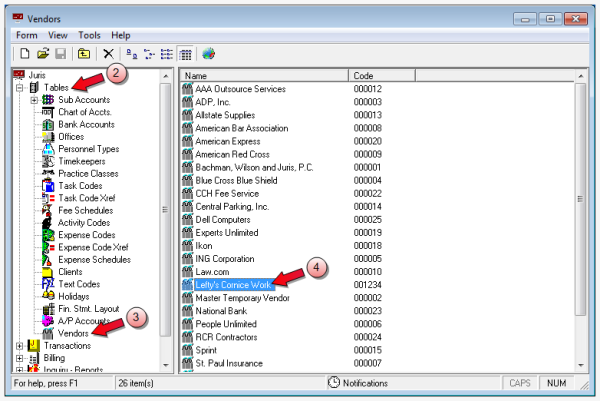 Selecting a vendor from the main window