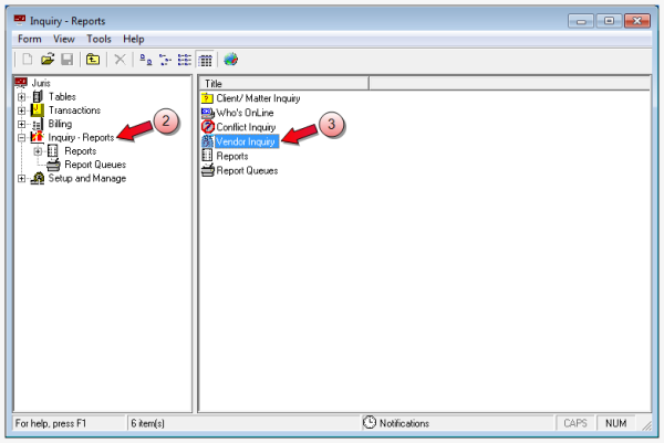 Selection of  Inquiry/Reports, Vendor Inquiry
