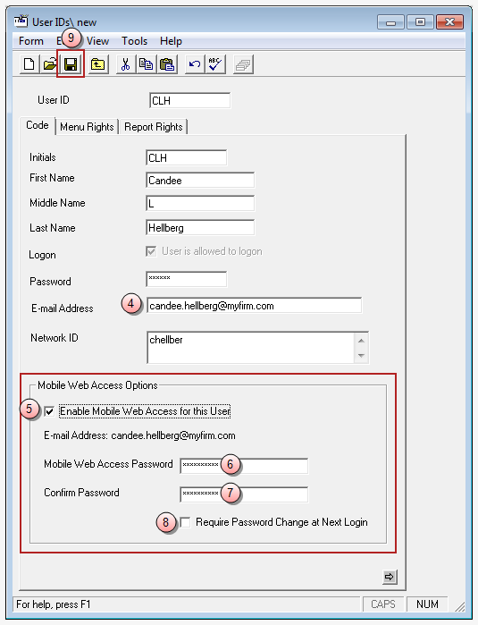 User IDs window, Mobile Web Access Options