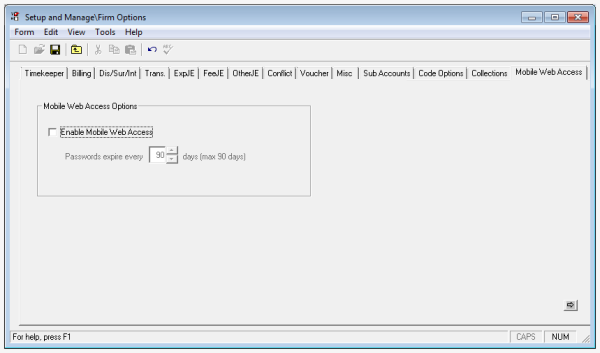 Firm Options, Mobile Web Access tab - disable mobile web access service