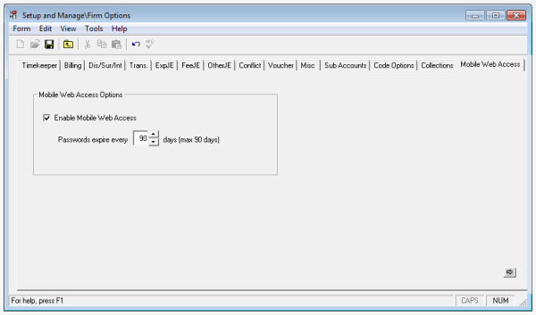 Firm Options, Mobile Web Access tab - enable mobile web access service