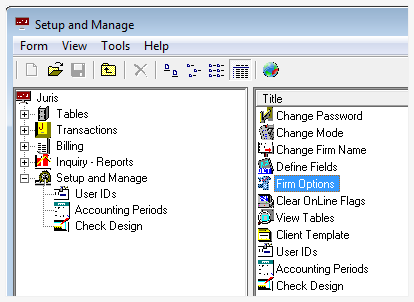 Selecting Firm Options from the main Juris window