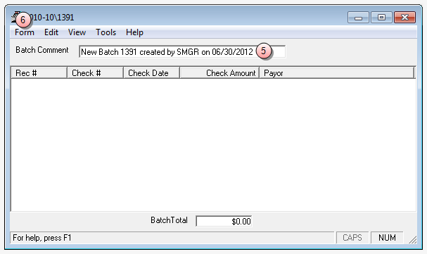 Enter a batch comment, or accept the default Cash receipt window