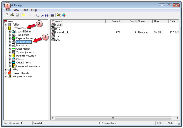 Double-click Transactions and then Cash Receipts transactions, cash receipts