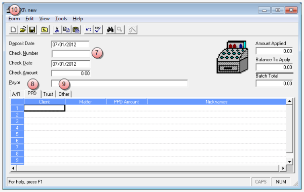 Do not fill in the top information, just click on the PPD tab Cash receipt with zero check amount