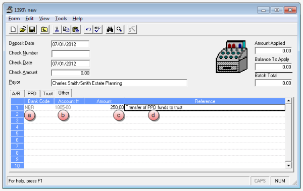 Enter bank code, account number, and positive dollar amount Cash receipt - other tab with positive dollar amount