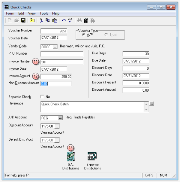 Enter invoice number and amount, click  Quick check - detailed voucher