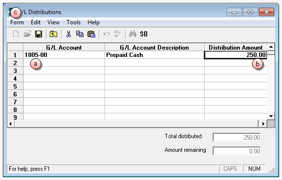 Enter the G/L account and distribution amount G/L Distributions window