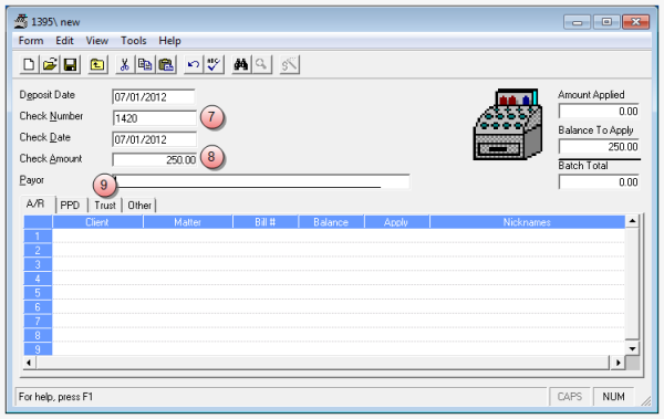 Enter the check number, date and amount, then click the trust tab Cash receipt window
