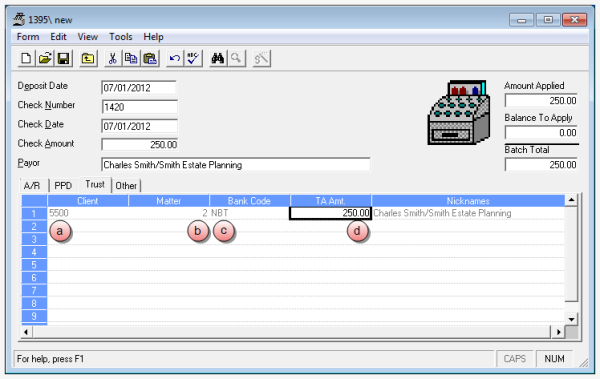 Enter client, matter, bank code and trust account amount Cash receipt, trust tab