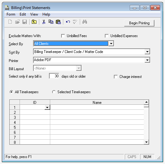 Billing\Print Statements window