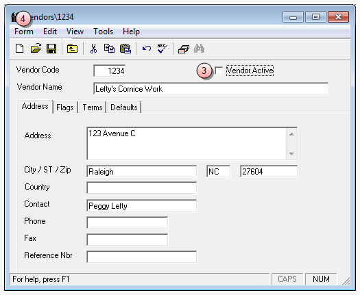 Vendor account window